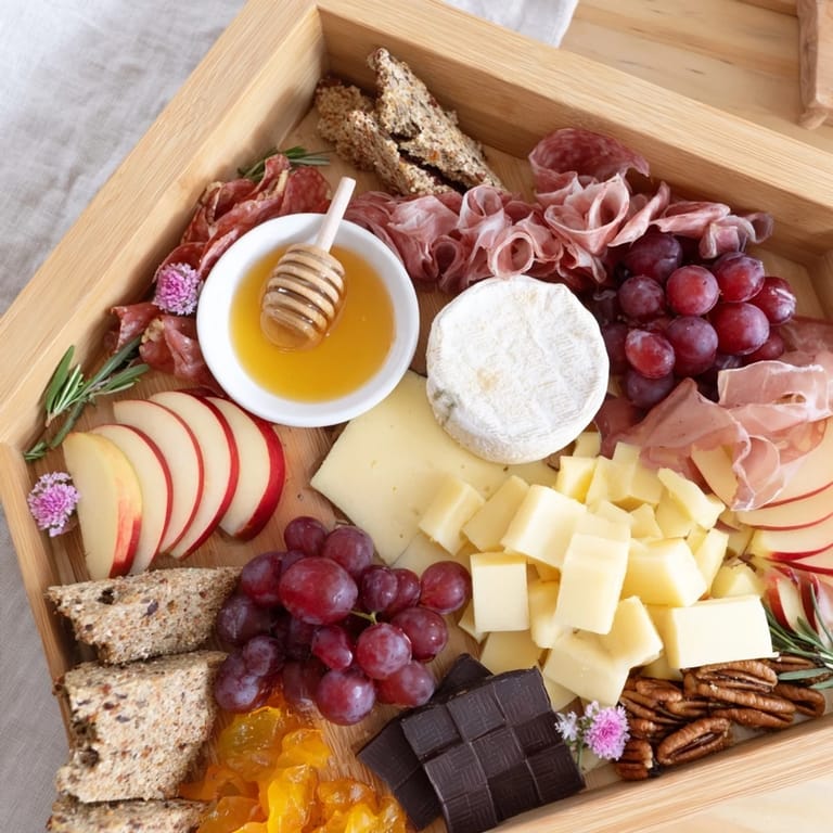 Sweet Home Charcuterie Board: This sweet and savory charcuterie board offers fruit, cheese, and meats, a lovely centerpiece.