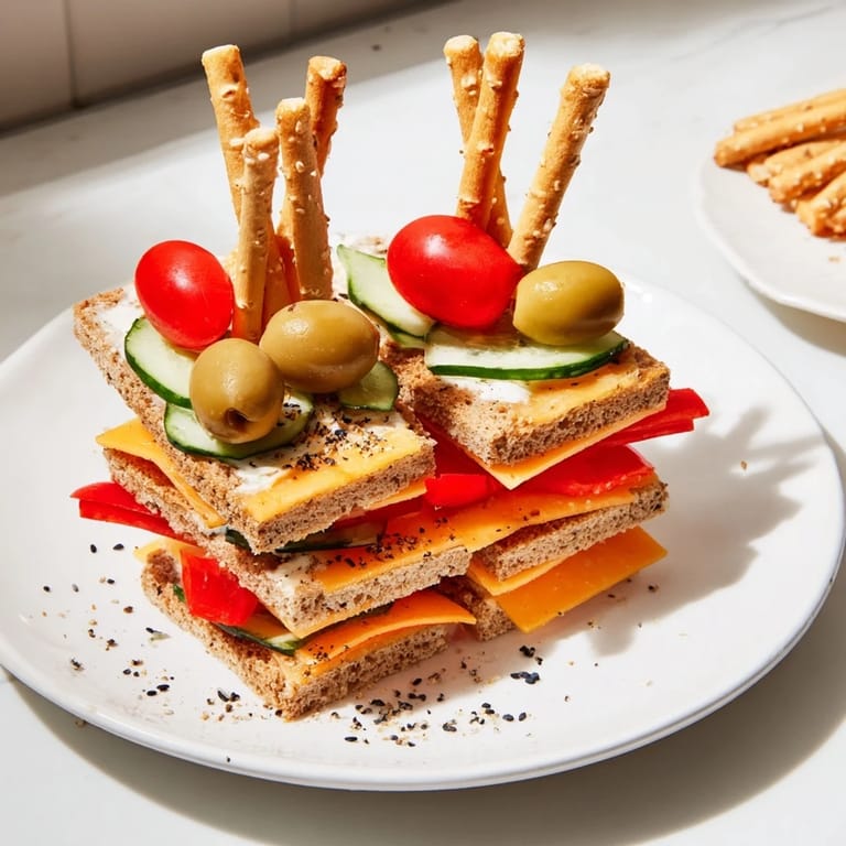 Stacked high, these delicious Urban Skyscraper Appetizers feature cheese, crackers and colorful vegetables.