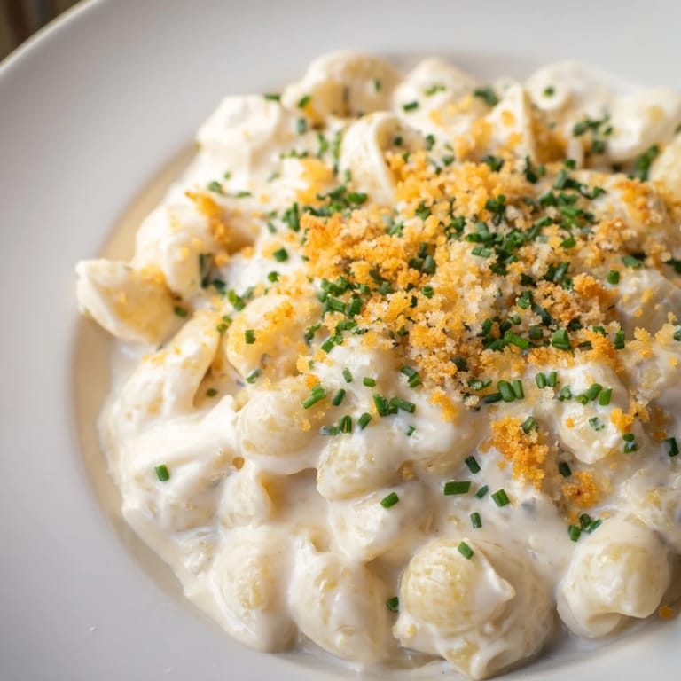 A close-up of creamy Cottage Cheese Mac and Cheese, featuring melted cheese and tender pasta.