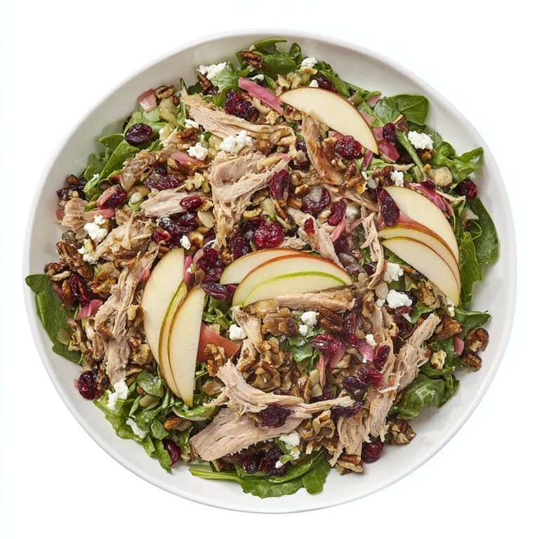 Fresh Chicken and Apple Winter Salad featuring pecans and cranberries offers a delightful, tasty bite.