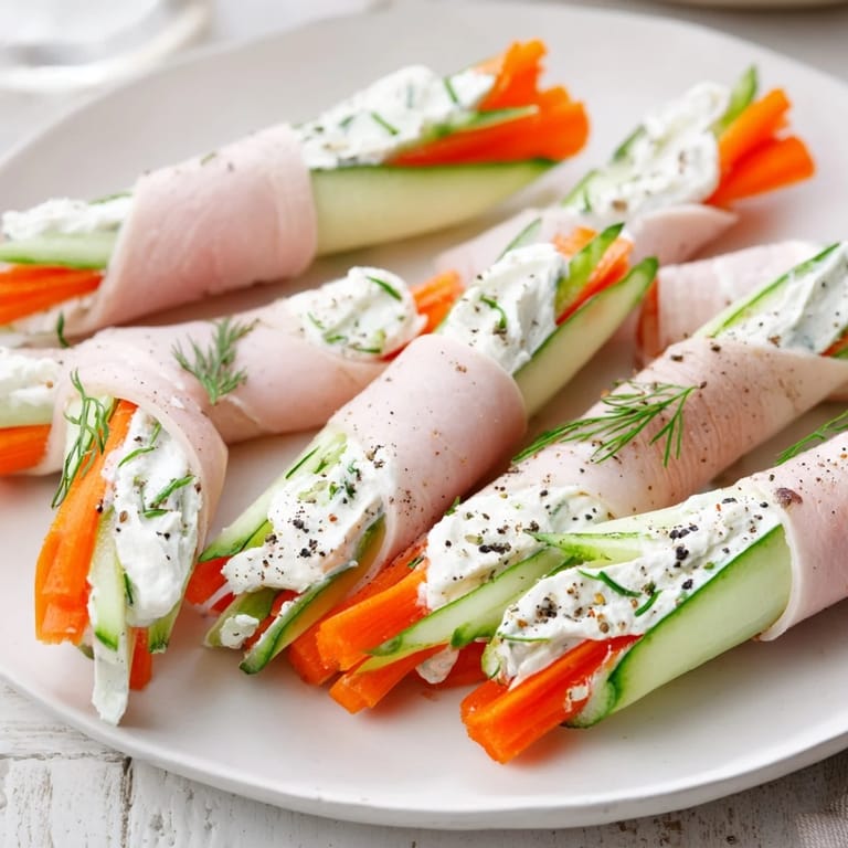 Vibrant plate of Ribbon Dancer appetizers: carrot and cucumber ribbons around turkey, garnished with herbs.