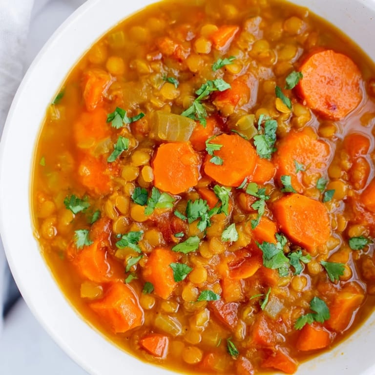 Close-up of a rustic Spiced Carrot Lentil Soup, showcasing the tender lentils and carrots ready to enjoy.