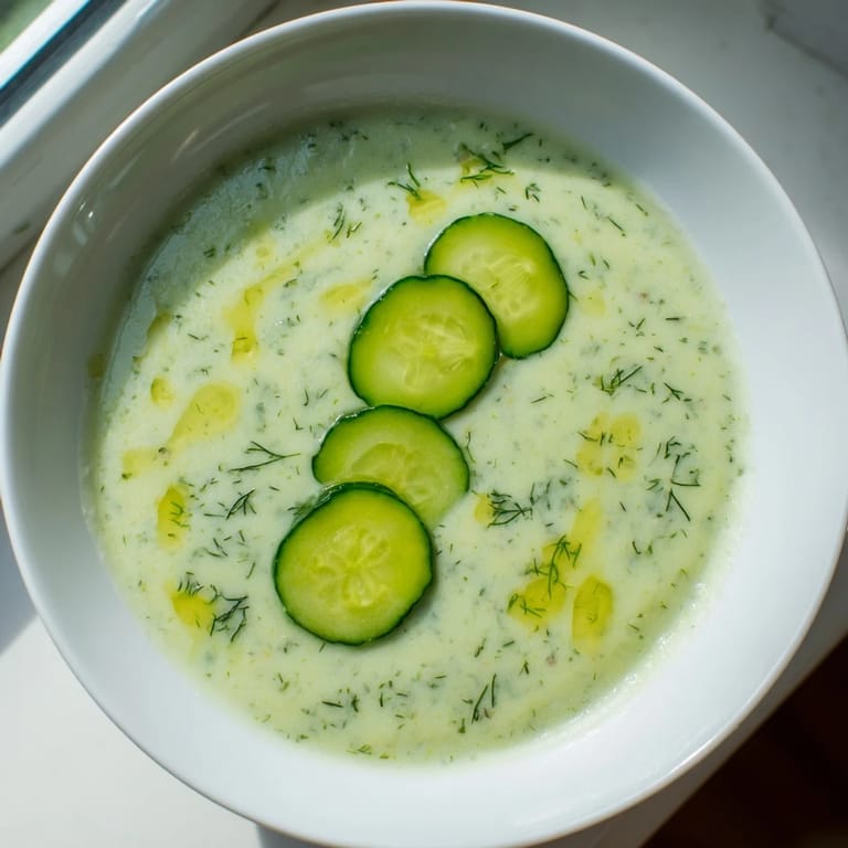 A bowl of refreshing Cucumber Garlic Soup with a vibrant green hue, perfect for a light vegetarian meal.