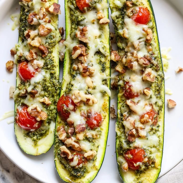 A close-up view of baked Cheesy Pesto Zucchini Boats shows melted cheese and flavorful Mediterranean ingredients.