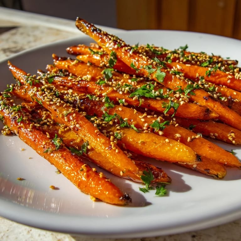 A close-up of vibrant maple mustard roasted carrots, glistening from their sweet glaze, perfect for serving.