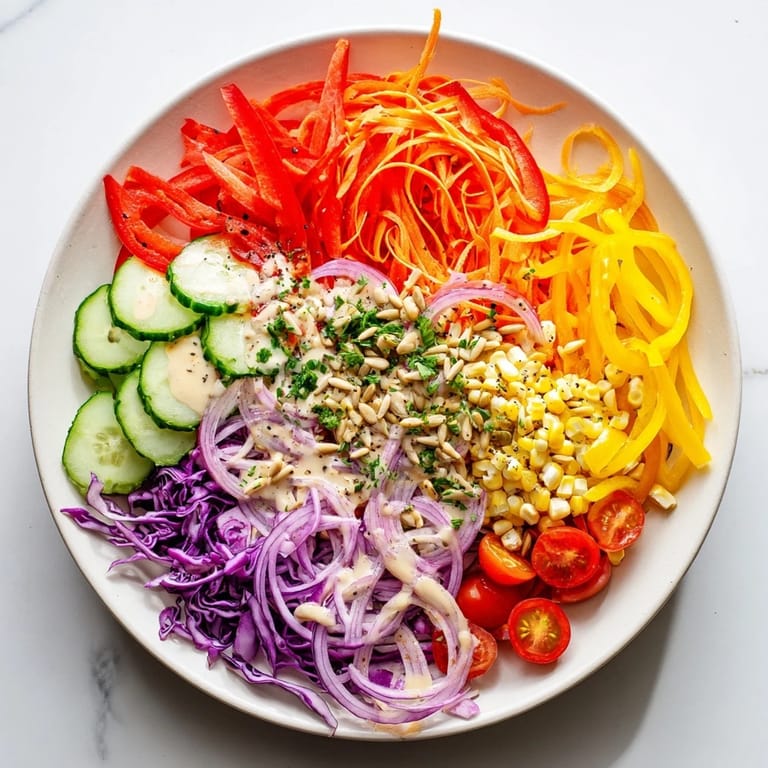 This Rainbow Salad features bright bell peppers, vibrant carrots, and purple cabbage, ready to be enjoyed.