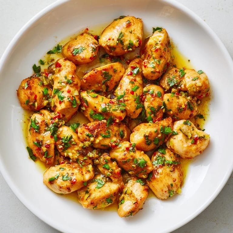 Close-up shot shows juicy garlic butter chicken bites, perfectly cooked and coated in garlic sauce.