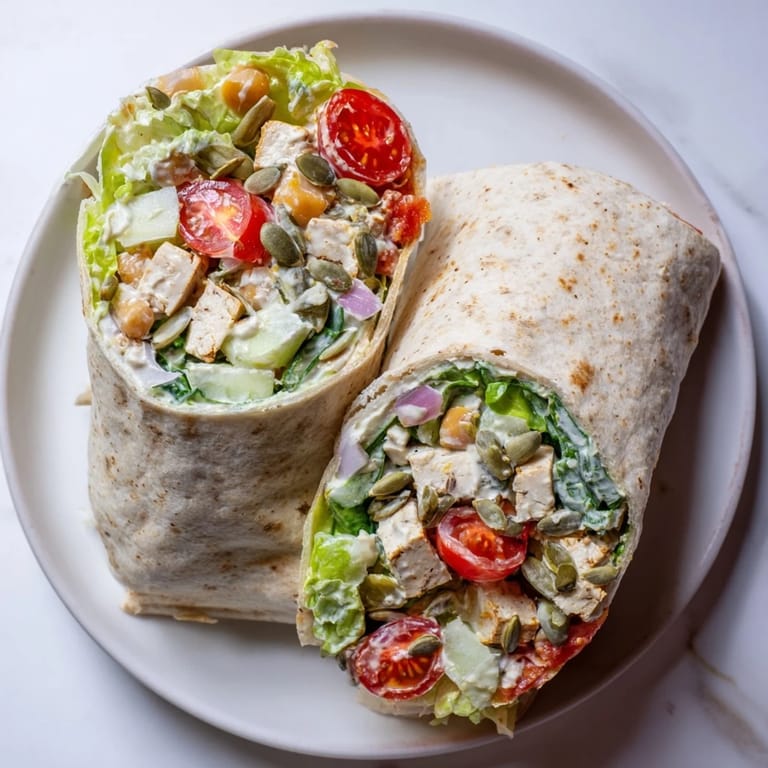 A delicious High-Protein Chicken-less Caesar Wrap, filled and sliced, perfect for a quick lunch or dinner.