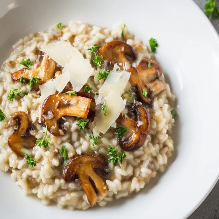 Golden brown sautéed mushrooms atop a rich, flavorful risotto with Parmesan cheese.