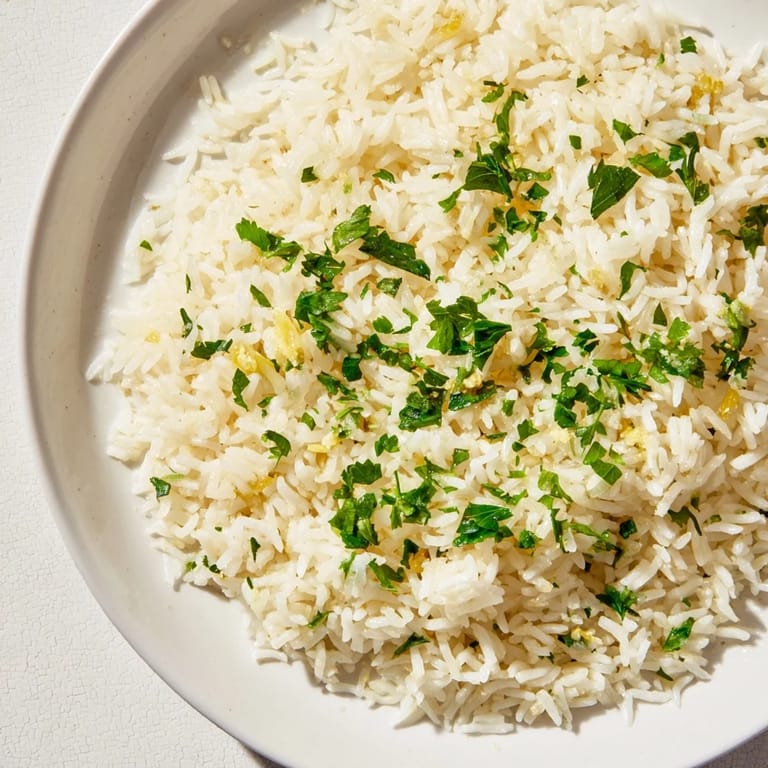 Steaming bowl of Garlic Butter Rice: buttery, savory, comforting, and flecked with fresh parsley for visual appeal.
