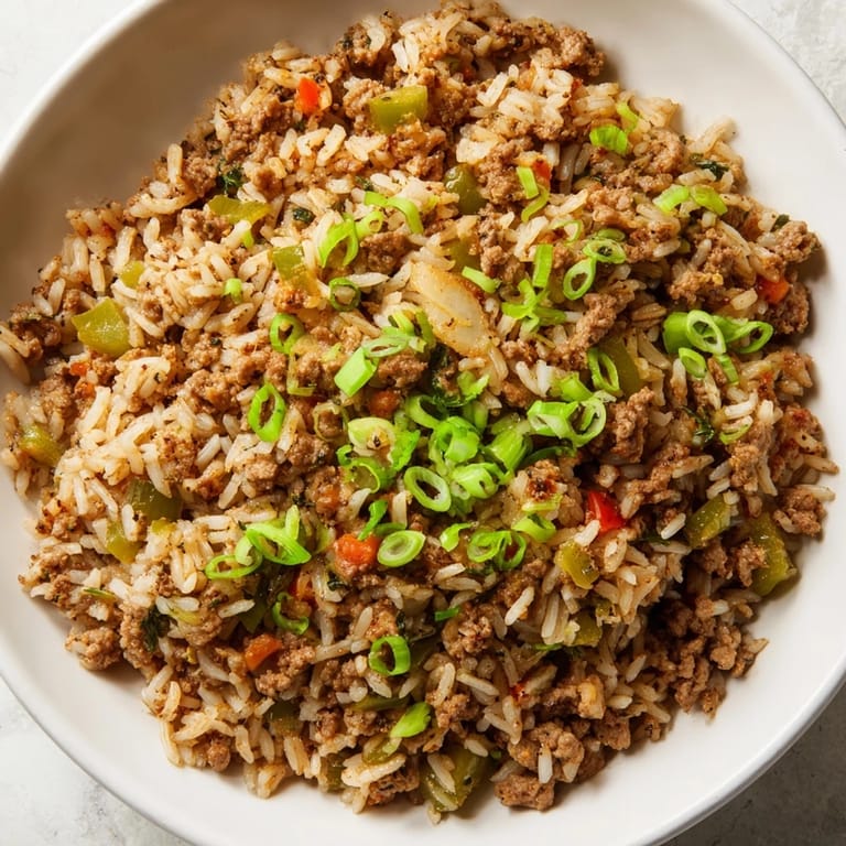 This rustic Cajun Dirty Rice features fluffy rice, tender meats, and a kick of Cajun spice for dinner.