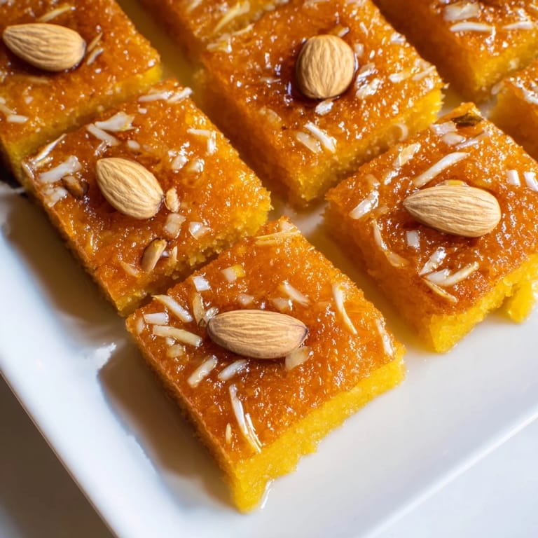 Close-up of freshly baked Basbousa, a traditional Egyptian semolina cake, glistening with syrup.