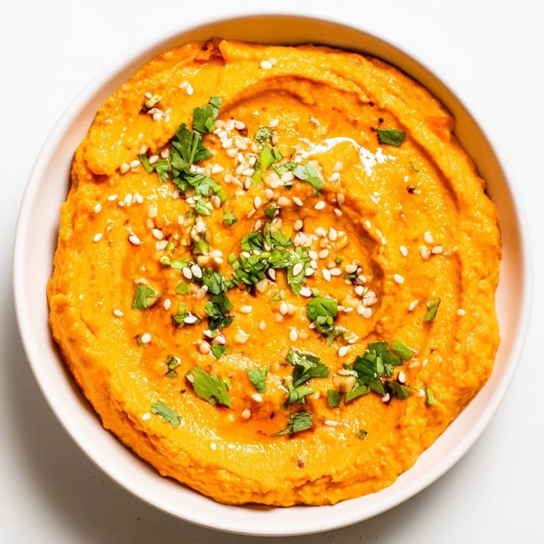 Freshly made Carrot Ginger Dip, with a swirl of olive oil and sesame seeds on top.