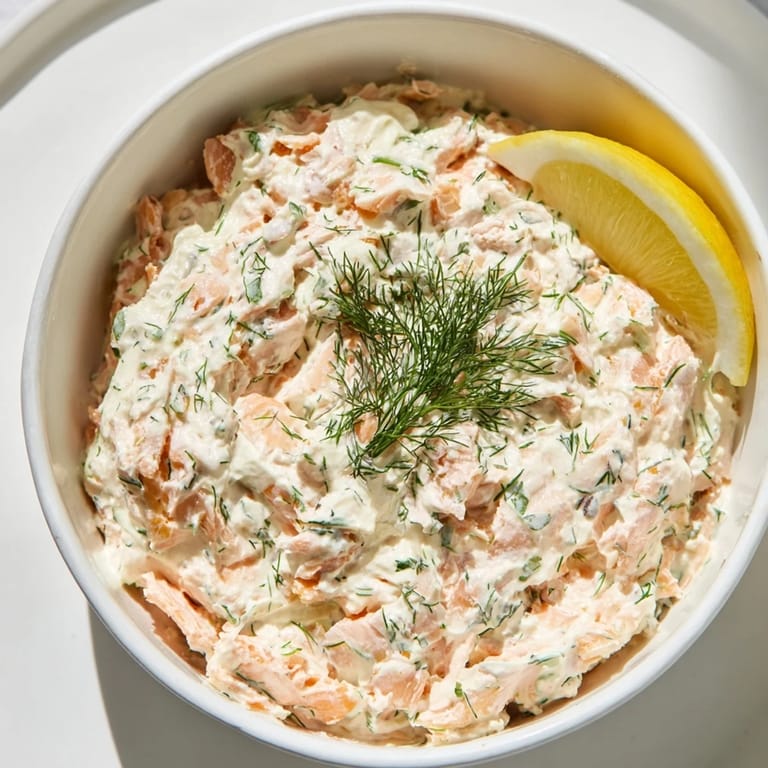 Close-up of vibrant Smoked Salmon Dip, a pescatarian appetizer ready to be scooped up.