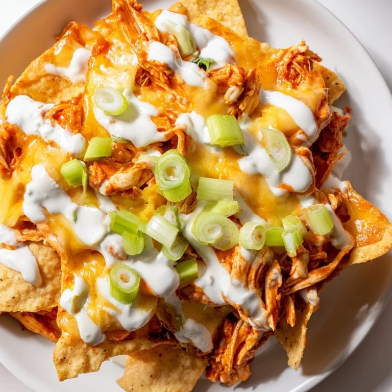 A savory platter of Buffalo Chicken Nachos featuring golden-brown chips, spicy chicken, and a generous drizzle of ranch, perfect for game day.