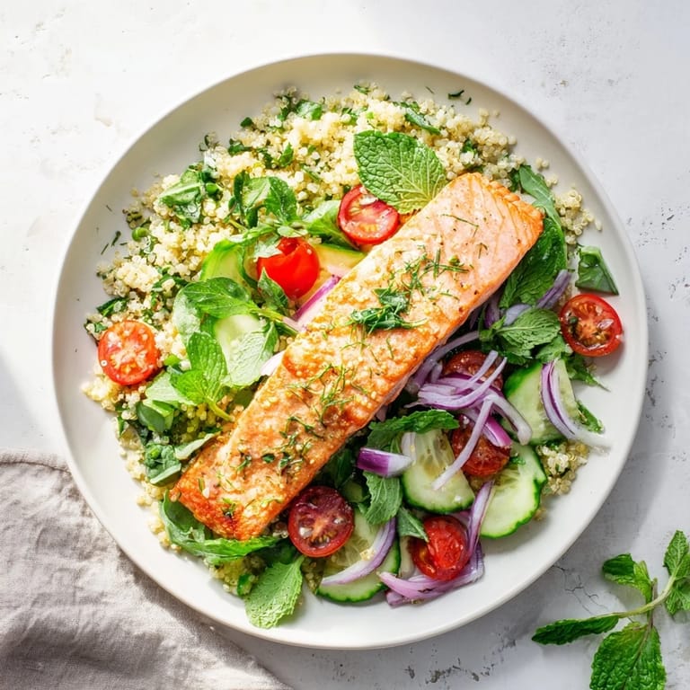 A nourishing Lemon Herb Salmon Salad plate featuring fluffy quinoa, crisp vegetables, and fresh dill garnish ready for serving.