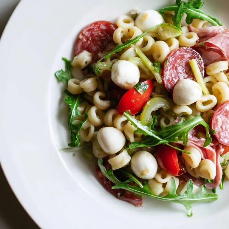 Vibrant Spring Antipasto Pasta Salad plated with a fork, showing creamy mozzarella pearls and savory salami on a marble surface.