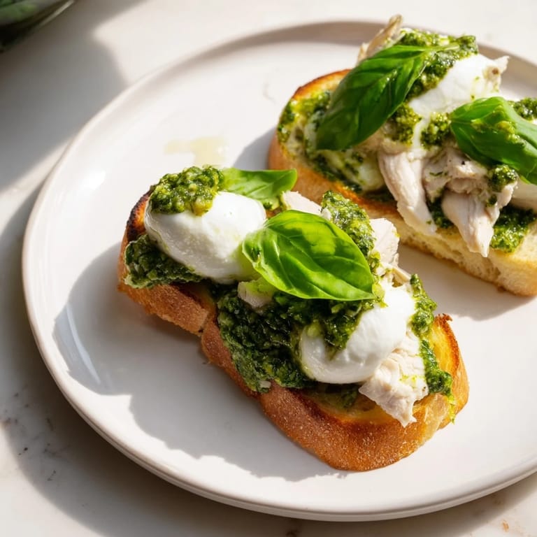 A vibrant Pesto Chicken Burrata Toast with golden bread, tender chicken slices, and melted burrata, perfect for a light lunch.