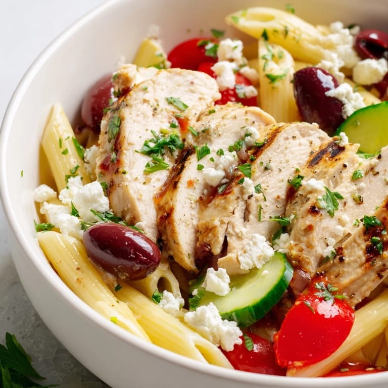 Vibrant Greek Chicken Pasta Bowl with Kalamata olives and red onion on a bed of chilled pasta, ready to serve.
