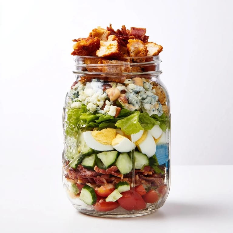 Overhead view of a Crispy Chicken Cobb Jar Salad showcasing crispy chicken bites, avocado, and tangy blue cheese, drizzled with a creamy chive dressing.