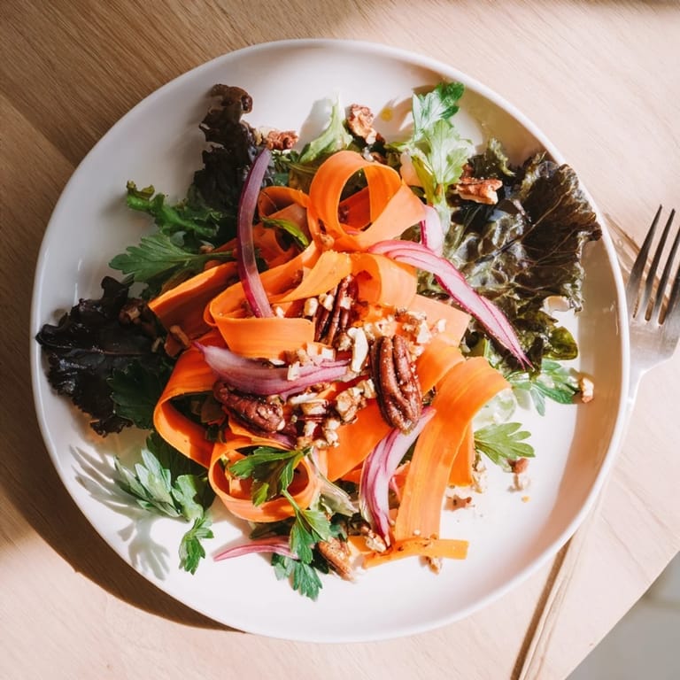 Savory Roasted Carrot Ribbon Salad with crunchy pecans and a sweet-tangy honey-mustard drizzle.