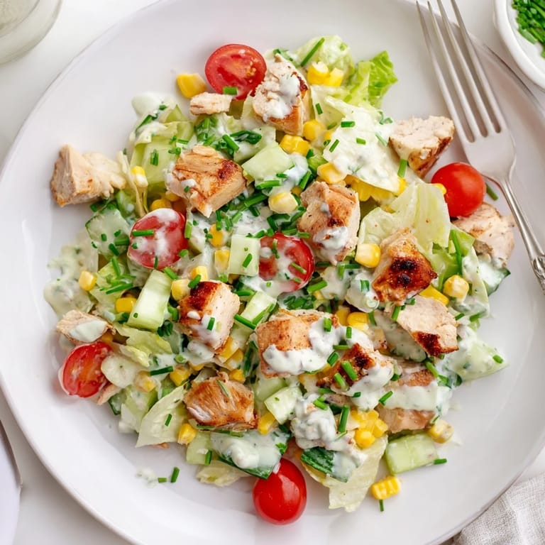 Hearty Ranch Chicken Chopped Salad with tender chicken, crunchy cucumbers, and sharp cheddar, tossed in a cool ranch dressing.