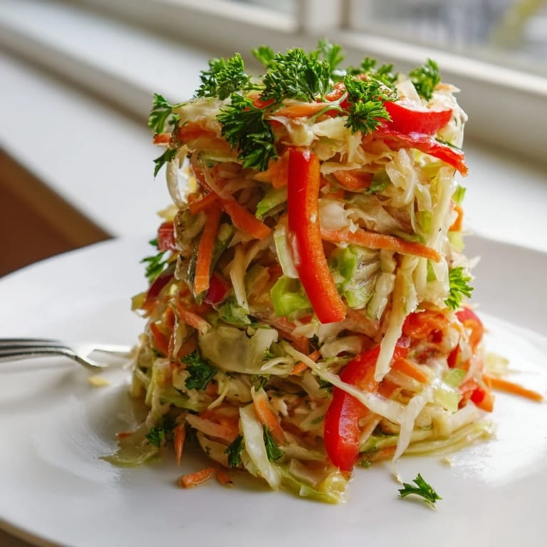 This colorful Sauerkraut Slaw combines crisp vegetables in a zesty apple cider vinaigrette, ready to serve at a picnic.