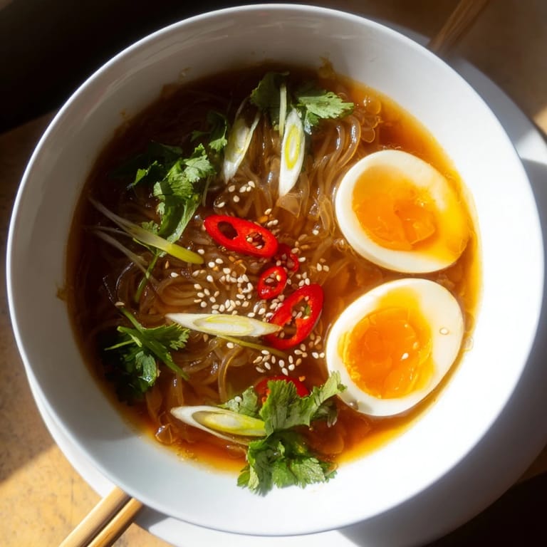 Shirataki Noodles With Broth served in a rustic bowl, topped with soft-boiled egg halves and fresh spring onions.  