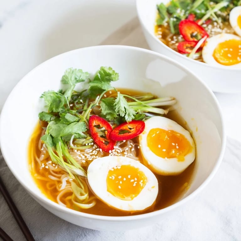 Healthy Shirataki Noodles With Broth with chili slices and sesame seeds, a light, comforting low-carb meal.