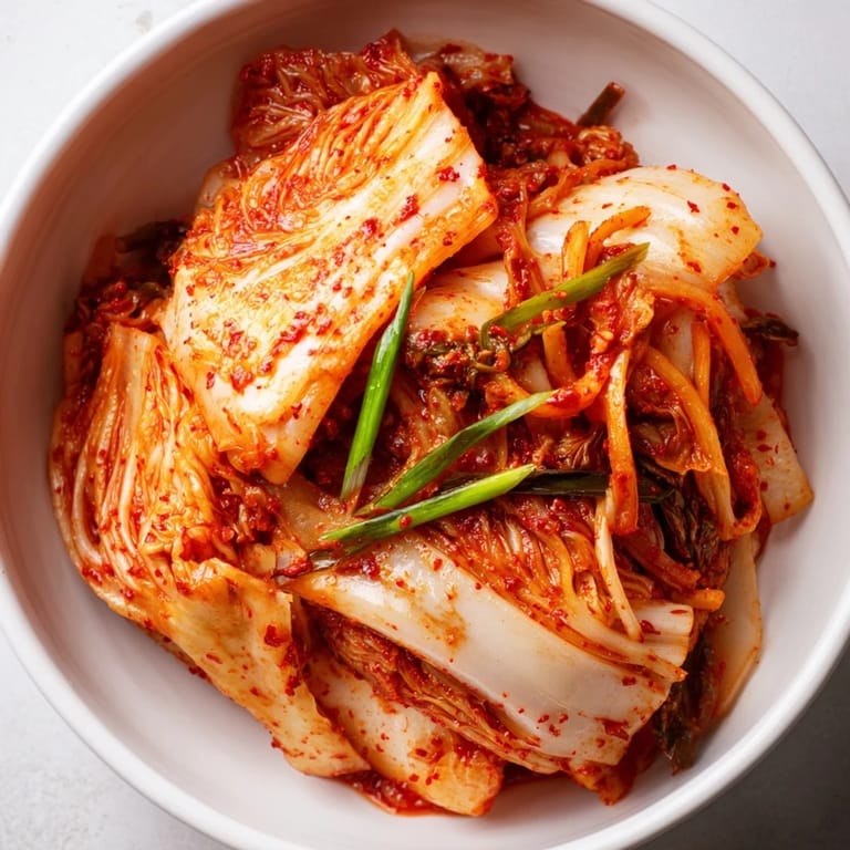 Close-up of freshly mixed kimchi in a glass jar, showcasing layers of red chili flakes and fresh vegetables before fermentation.