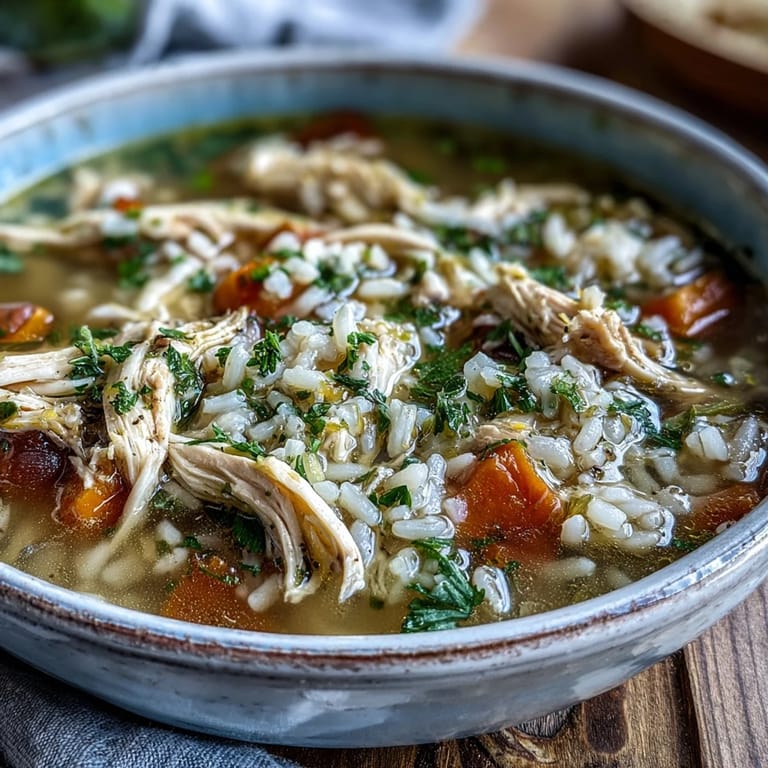 Rustic Dutch oven filled with homemade Cozy Winter Chicken and Rice Soup, carrots, celery, and herbs visible.
