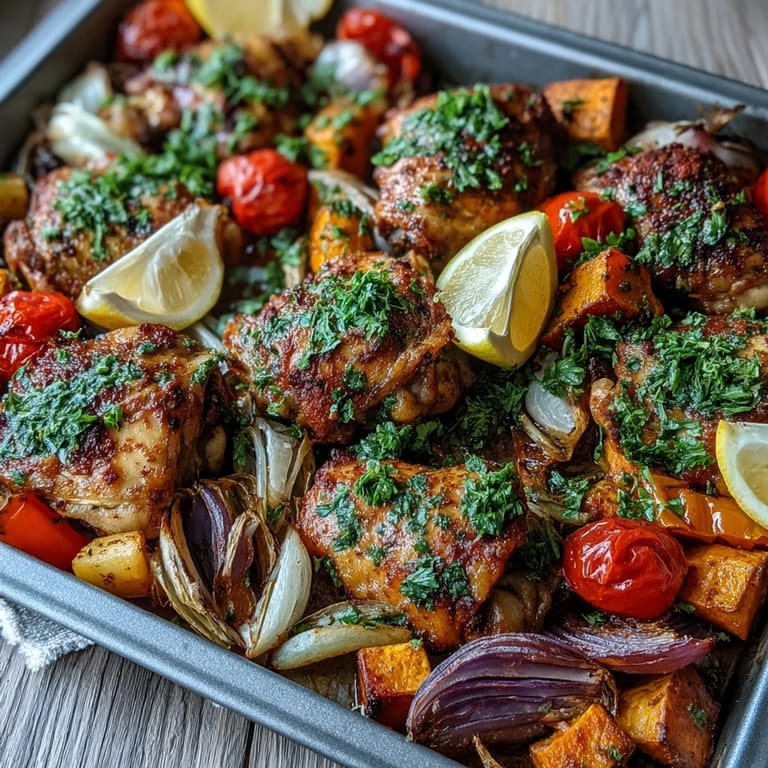 Lemon wedges and fresh herbs sit ready to garnish this easy, colorful Mediterranean-inspired dinner for four.