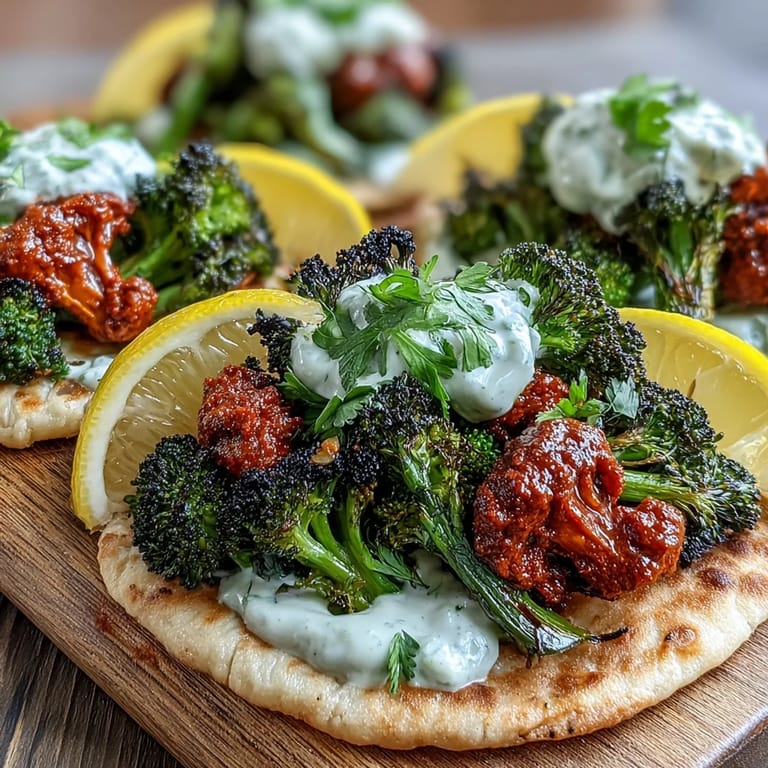 Colorful Harissa Broccoli and Flatbreads served warm with lemon wedges, ready for a quick vegetarian dinner.