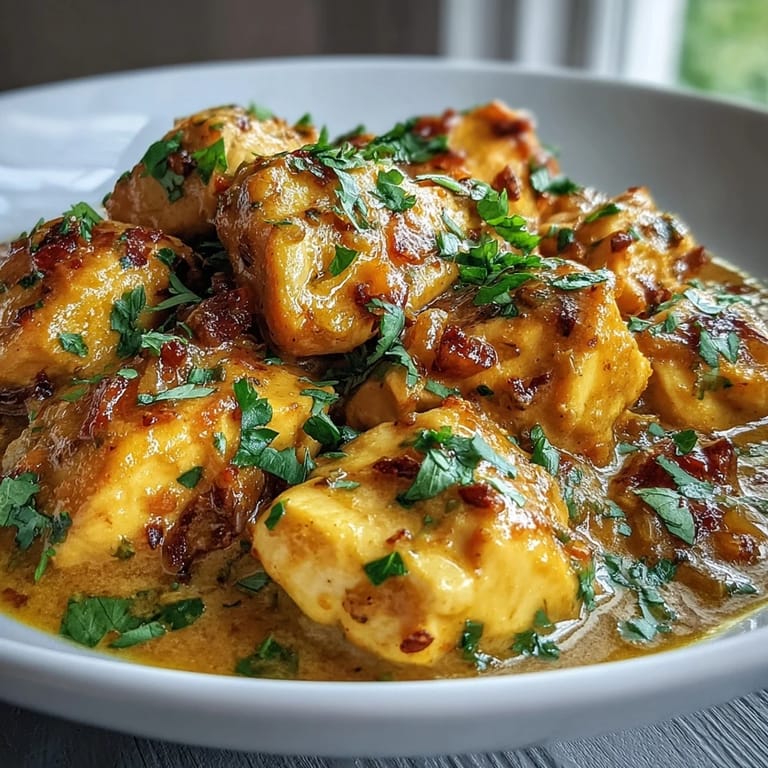 Creamy Easy Chicken Curry served over fluffy white rice in a bowl.