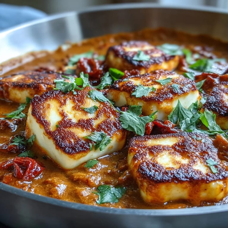 A steaming bowl of vegetarian halloumi and tomato curry with vibrant red sauce and herbs, perfect for a family weeknight dinner.