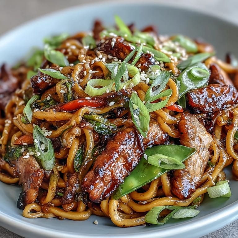 Easy weeknight Pork Noodle Stir-Fry plated with sesame seeds and fresh cilantro, with chopsticks poised to pick up noodles.