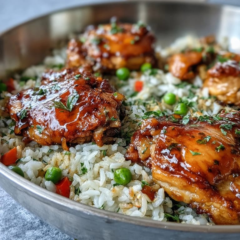 Steam rises from a skillet of One-Pan Bold Honey BBQ Chicken Rice, where saucy chicken pieces and veggies sit atop fluffy rice, ready to serve.