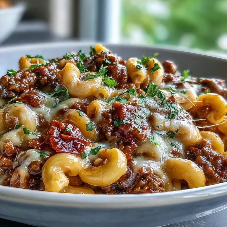 Creamy One-Pan High Protein Chili Mac topped with green onions, sour cream, and chips.
