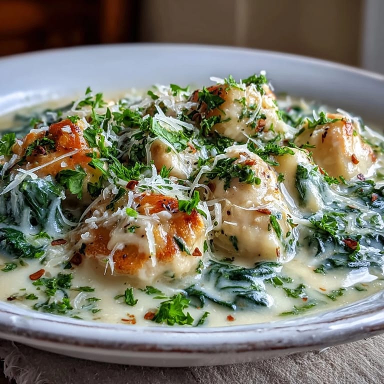 A spoon dips into a bowl of Garlic Parmesan Chicken Soup, revealing tender chicken pieces in creamy broth.
