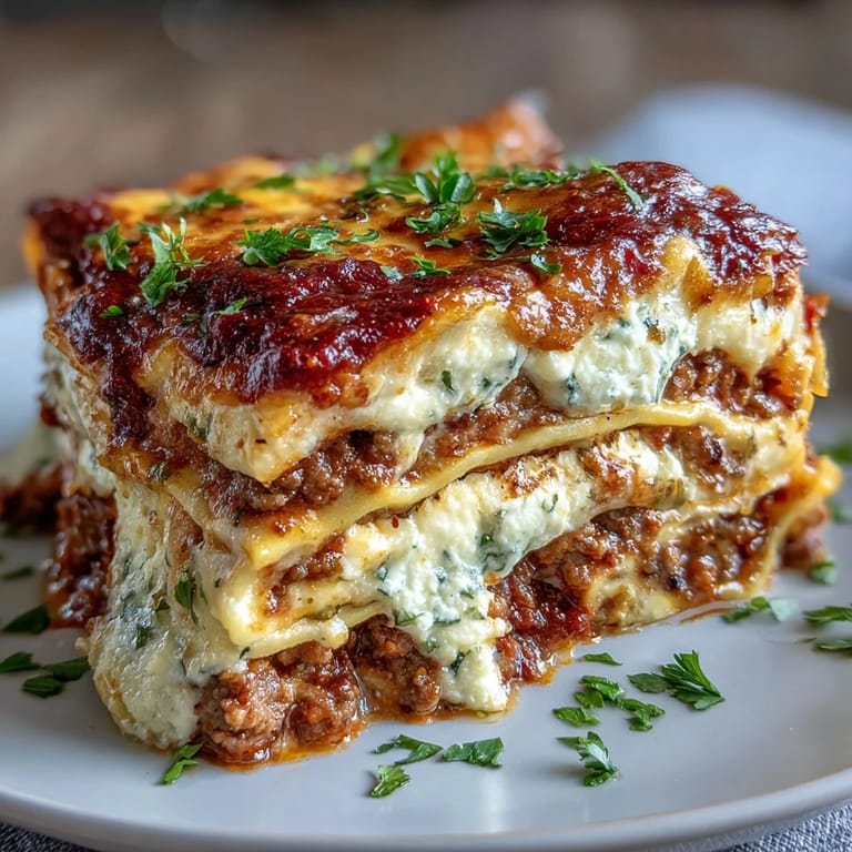 A plated slice of Worlds Best Lasagna beside fresh basil, ideal for a cozy Italian family dinner.