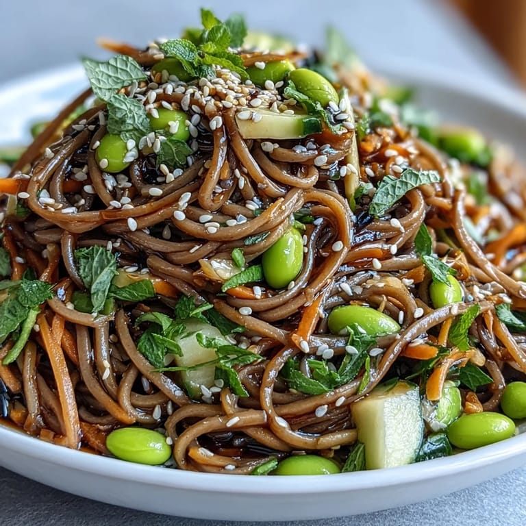 Close-up of a Soba Noodle Bowl featuring chewy buckwheat noodles tossed in glossy sesame dressing with fresh herbs.