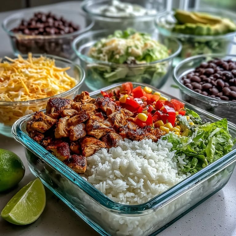 Brightly colored diced bell peppers, corn, and halved cherry tomatoes sit beside a Meal Prep Burrito Bowl Base, highlighting the fresh, crisp vegetable components.