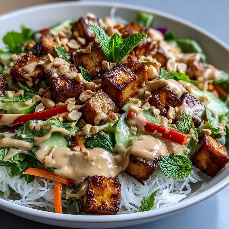 Sliced tofu and rainbow veggies fill this vibrant Rice Paper Roll Bowl, drizzled with tangy peanut-lime sauce.