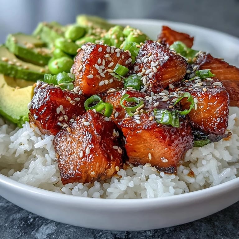 Overhead view of a vibrant Salmon Rice Bowl, featuring baked salmon, cucumber, avocado, and edamame on jasmine rice.