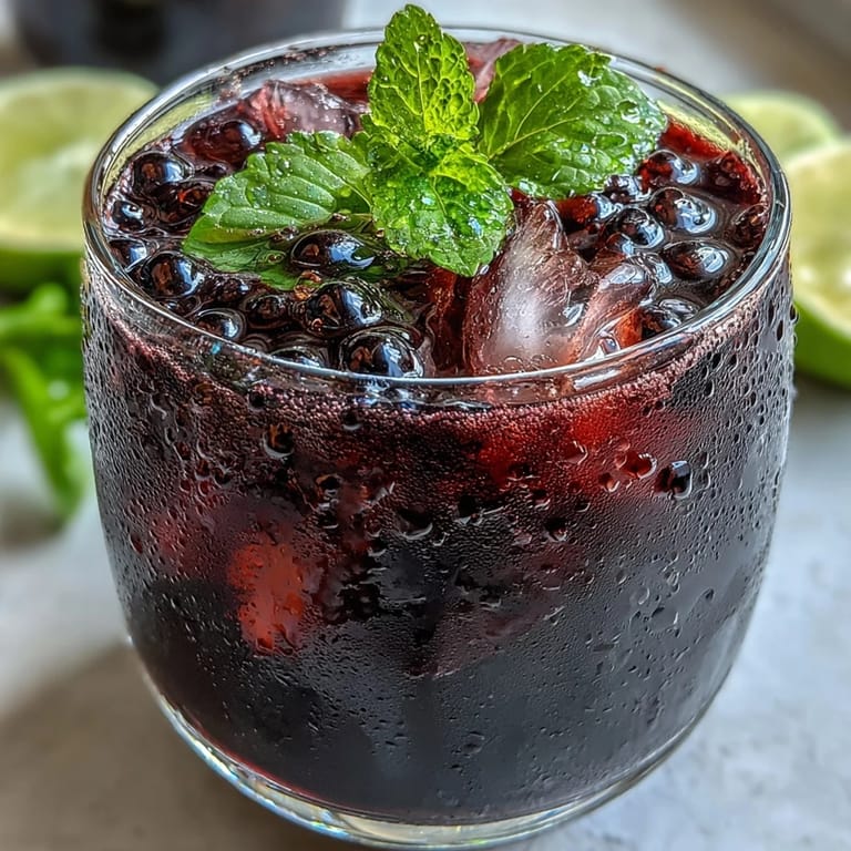 Refreshing Black Currant Mocktail poured over ice cubes, sparkling with bubbles and topped with aromatic mint and lime.