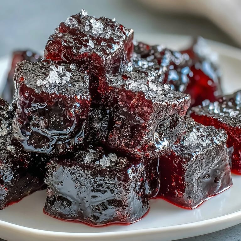 Homemade Black Currant Gummies piled high, some dusted with sugar, ready to be enjoyed as a tart treat.