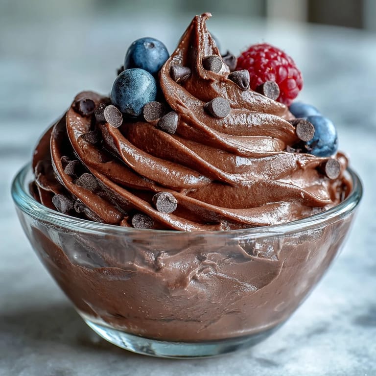 A close-up of creamy chocolate protein fluff in a glass, ready to enjoy.