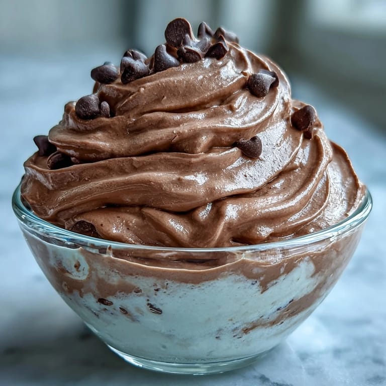 Chocolate protein fluff dessert topped with berries in a white bowl on table.
