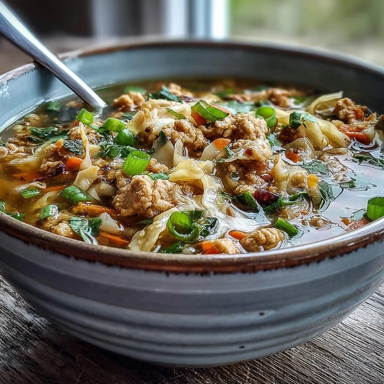 Close-up of a ladle pouring hot One-Pot Egg Roll Soup into a bowl, revealing soft egg ribbons and tender vegetables.