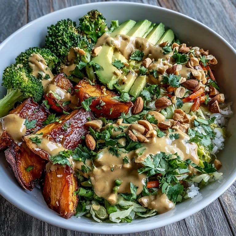 Close-up of Thai Peanut Sweet Potato Buddha Bowl showing avocado slices, chopped peanuts, and cilantro garnish.